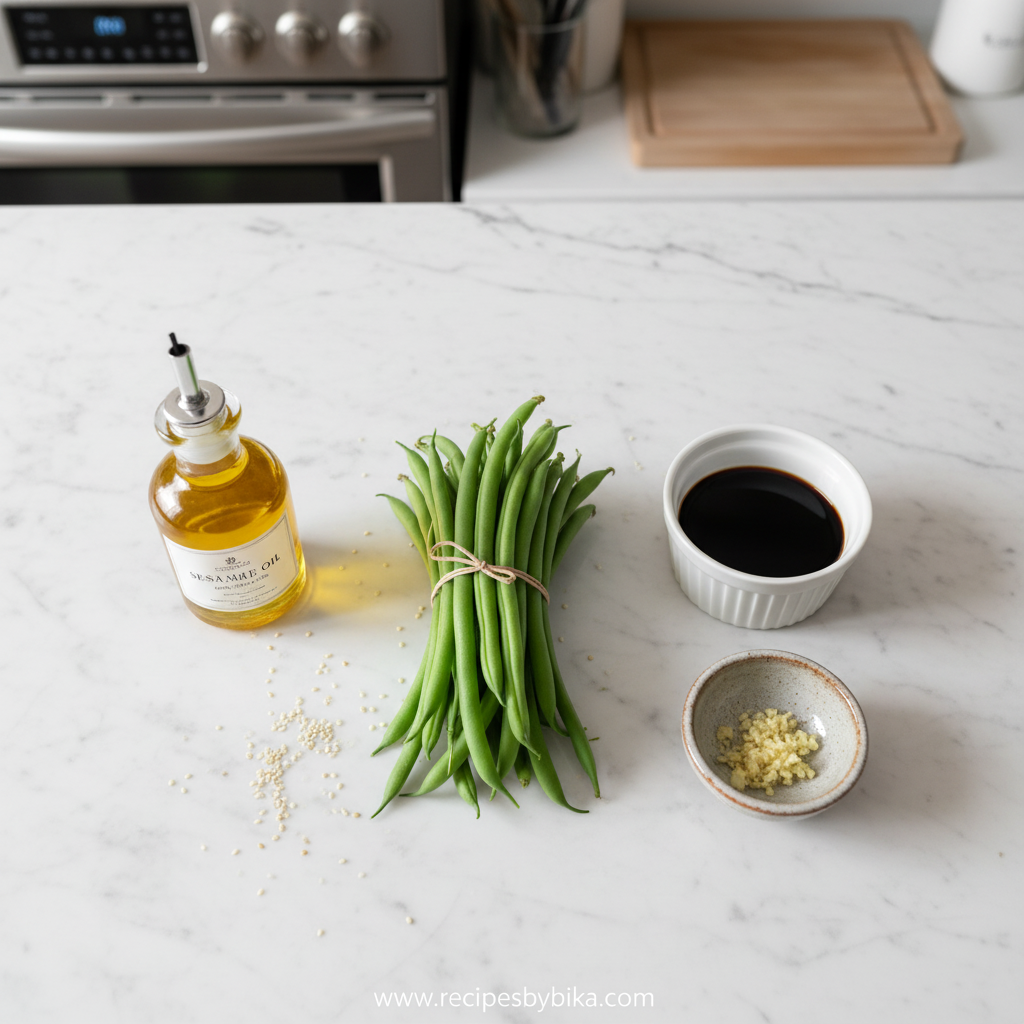 Fresh green beans, sesame oil, soy sauce, garlic, and sesame seeds for the recipe