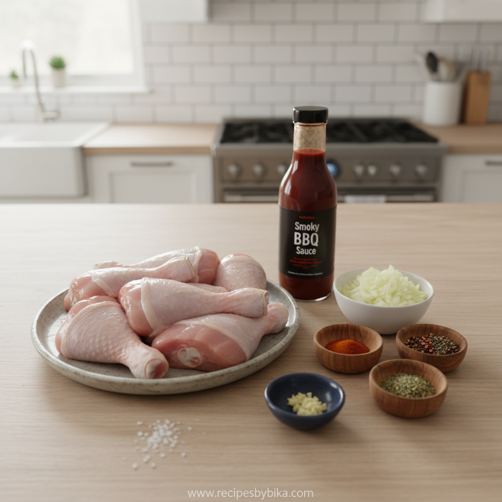Ingredients for crockpot BBQ chicken legs including chicken, spices, and barbecue sauce