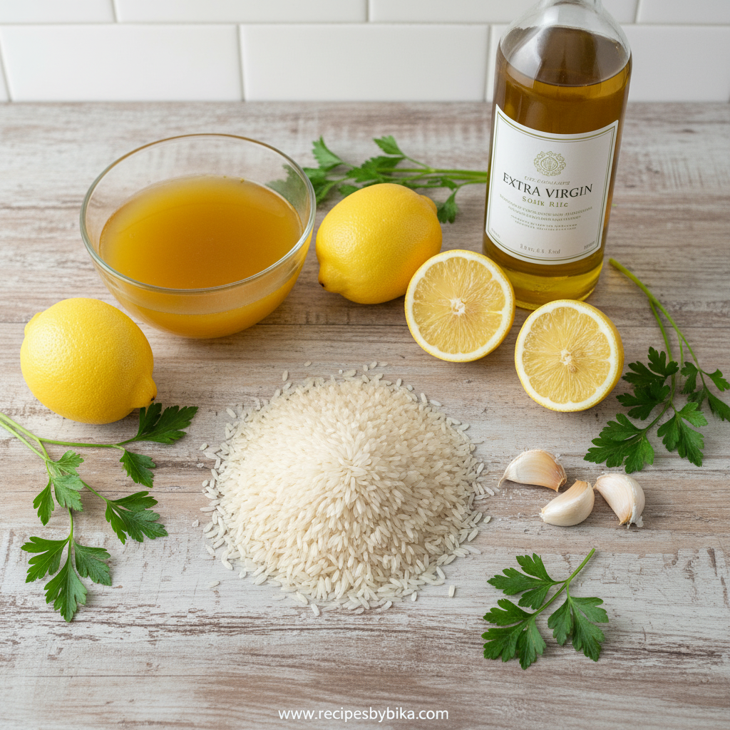 Ingredients for fluffy Greek lemon rice including rice, lemons, herbs and broth