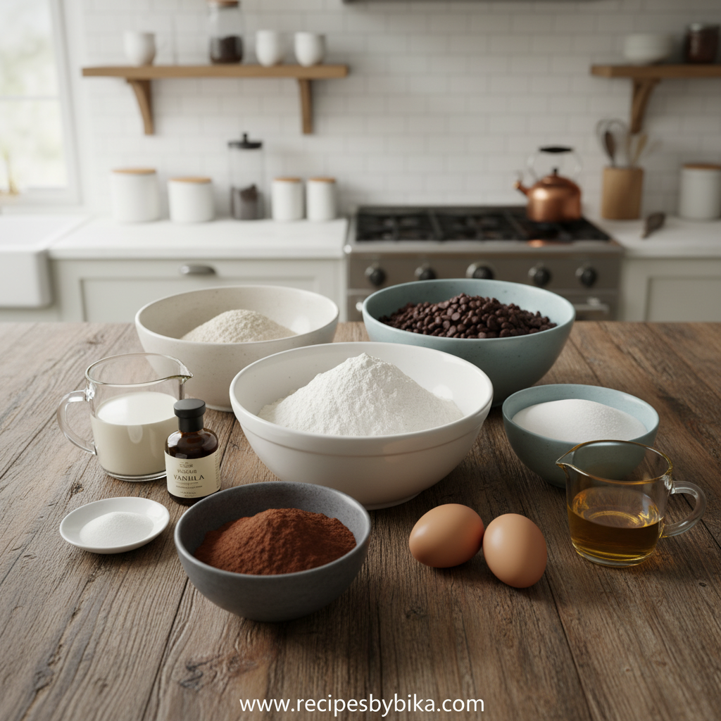 Brick Street Chocolate Cake: The Ultimate Rich & Moist Dessert Recipe 2 Chocolate cake ingredients laid out on counter