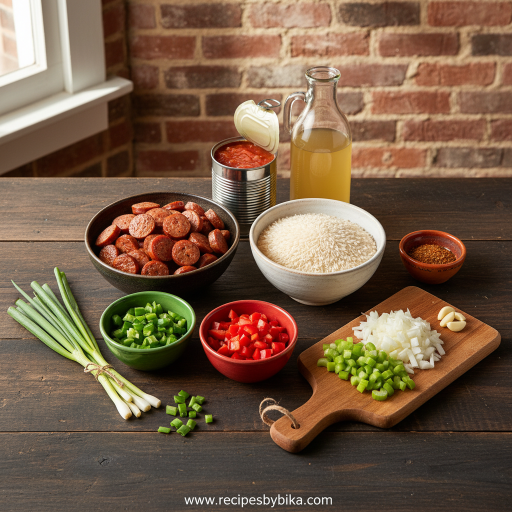 Ingredients for Cajun sausage rice skillet