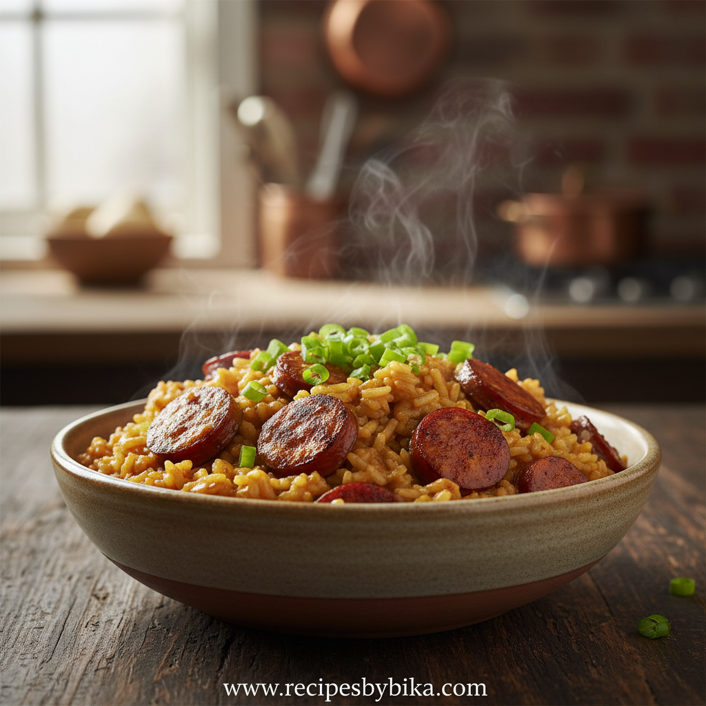 Cajun sausage rice skillet with colorful vegetables and rice