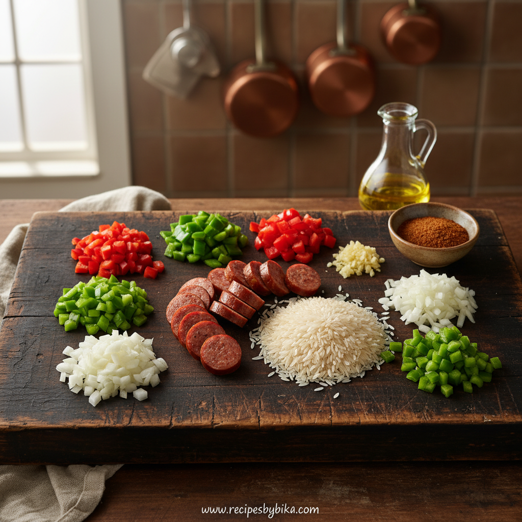 Ingredients for Cajun sausage rice including sausage, rice, bell peppers, and spices