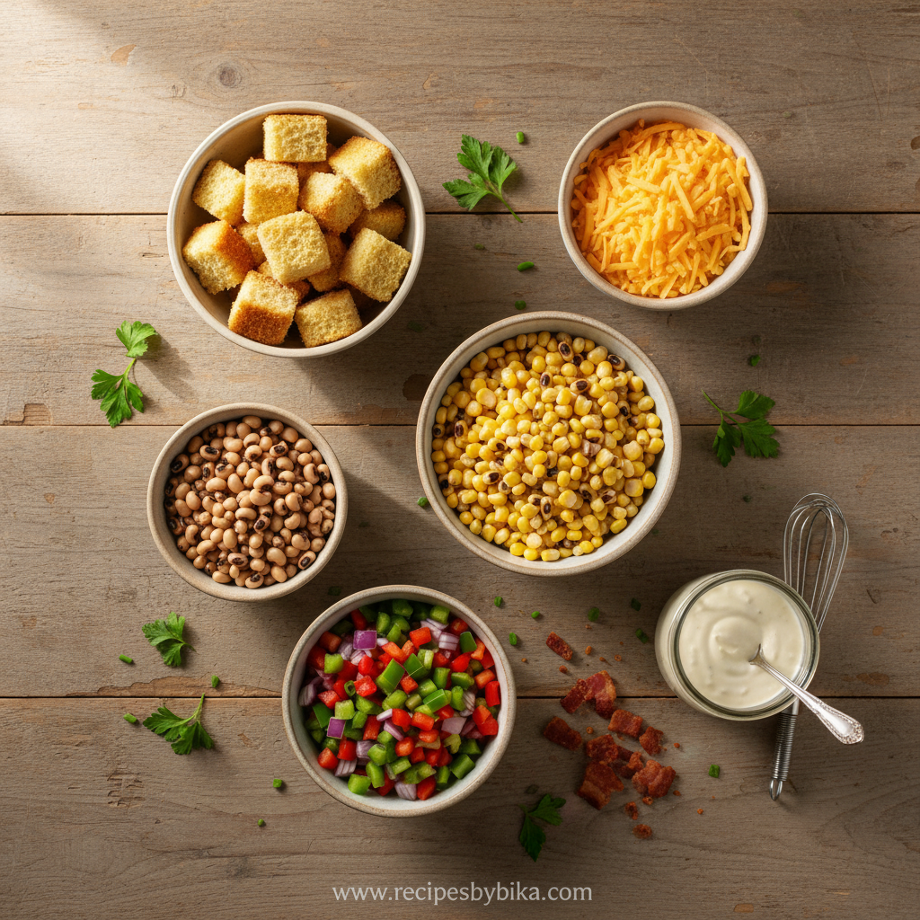 Classic Southern Cornbread Salad - Authentic Layered Side Dish Recipe 2 Ingredients for Southern cornbread salad including cornbread, vegetables, and dressing
