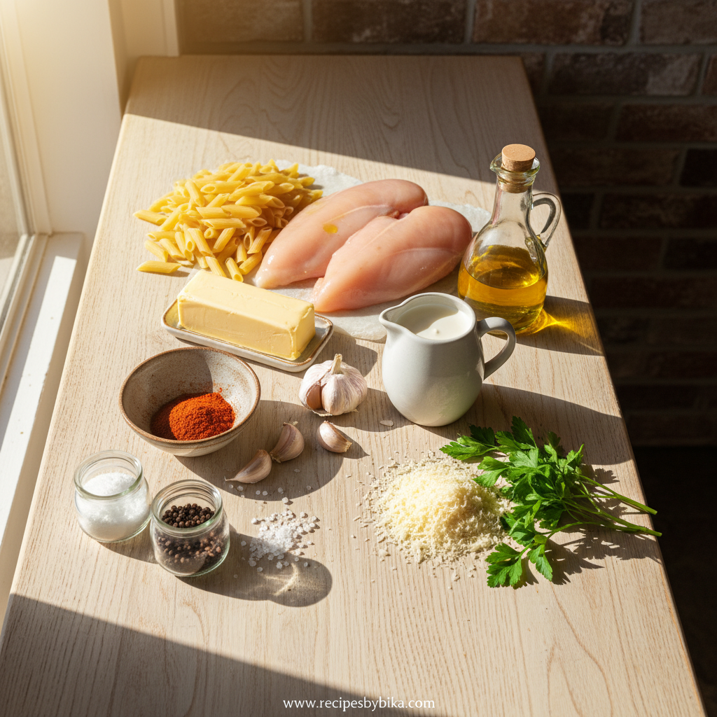 Ingredients for smoky garlic butter chicken pasta