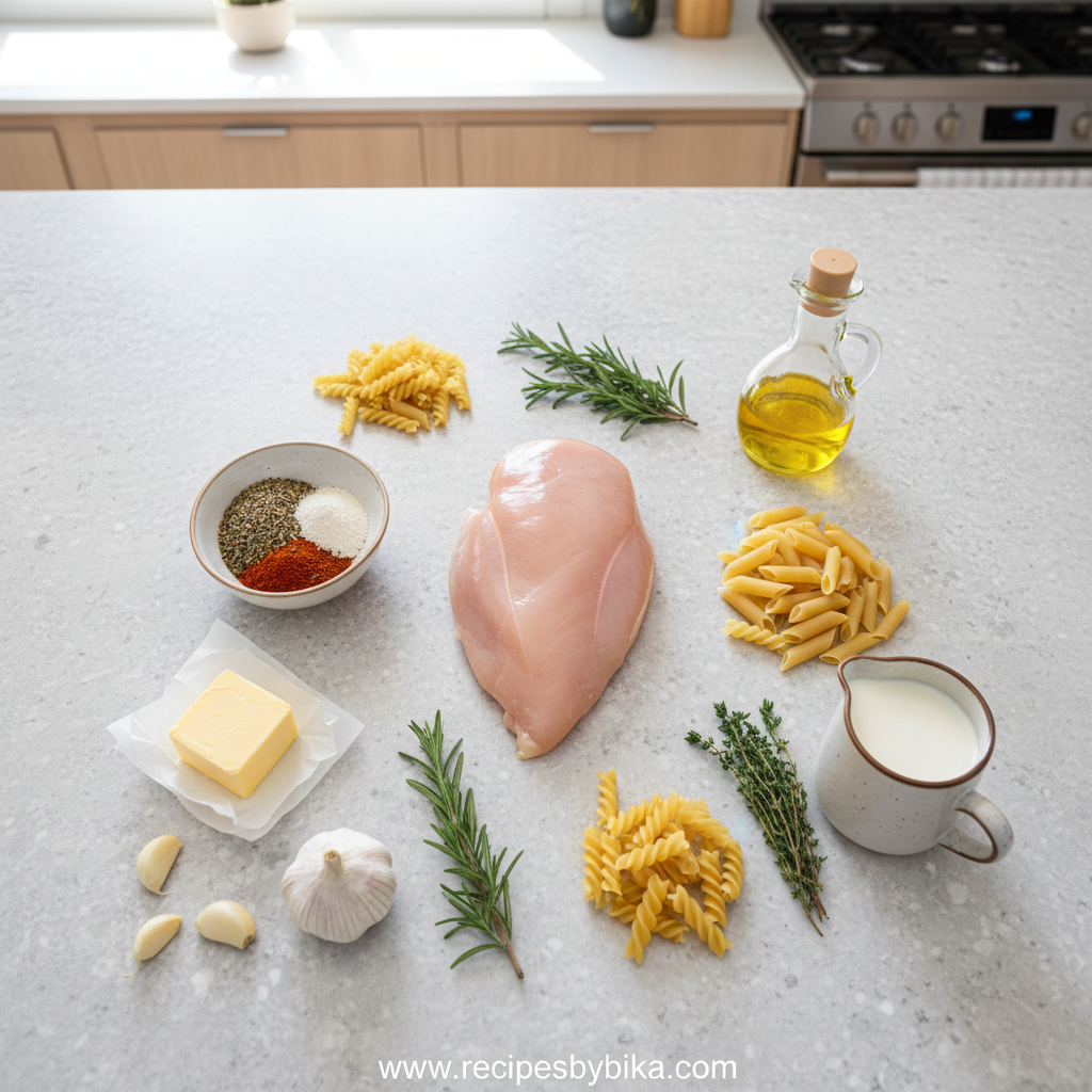 Ingredients for smoky garlic butter chicken pasta