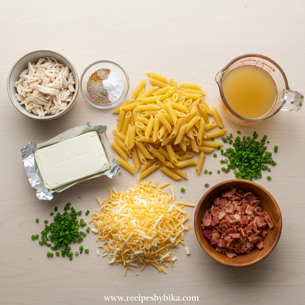 Ingredients for creamy chicken penne including chicken, pasta, cream cheese, and seasonings