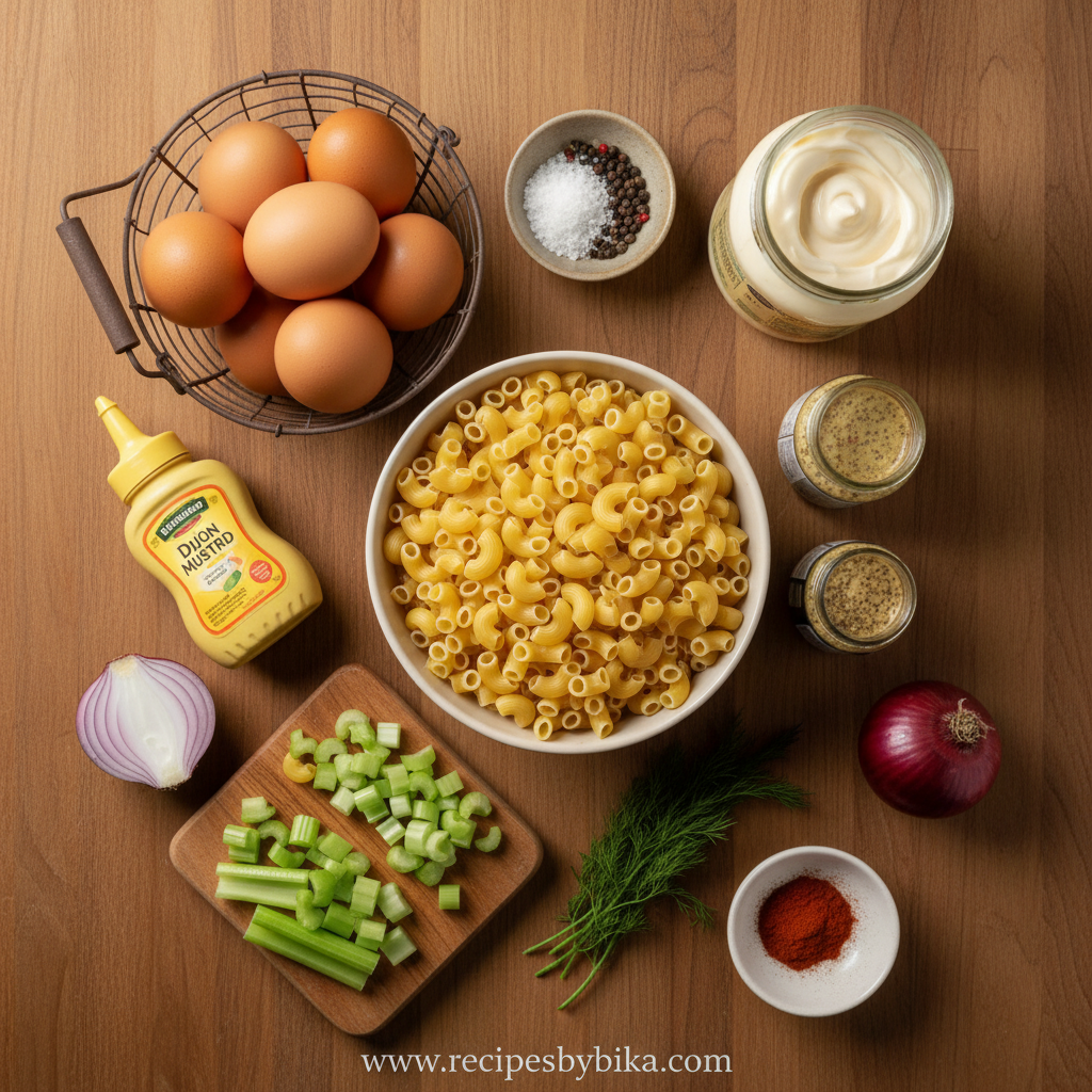 Creamy Deviled Egg Pasta Salad - Rich Velvety Side Dish Recipe 2 Ingredients for creamy deviled egg pasta salad laid out on counter