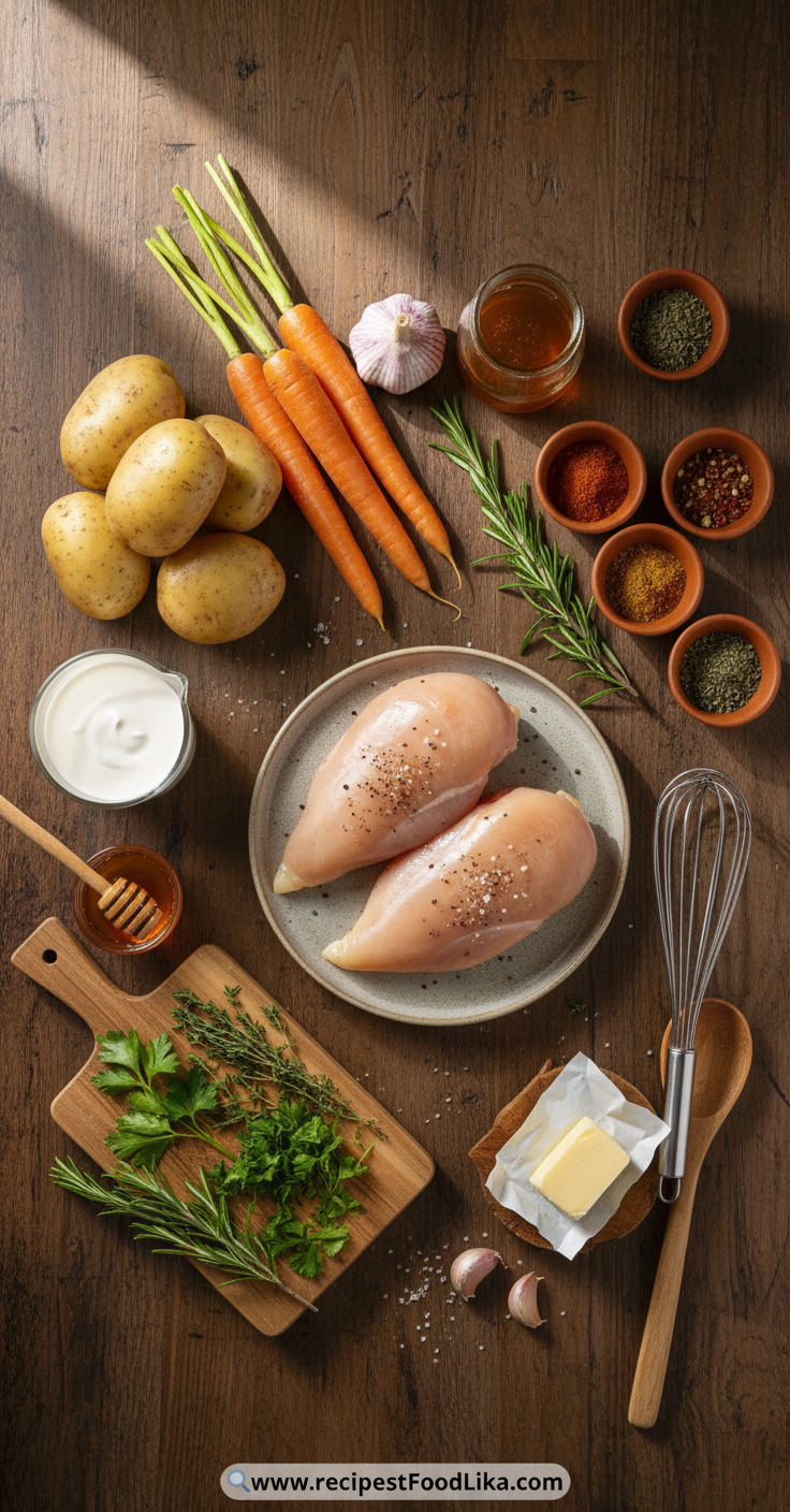 Creamy Herb Chicken with Mashed Potatoes and Honey Glazed Carrots - Restaurant Style Family Dinner 2 Ingredients for creamy herb chicken dinner