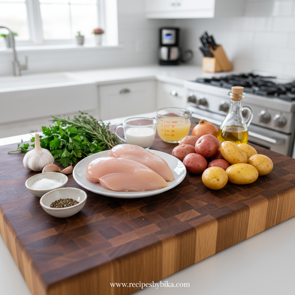 Creamy Herb Chicken with Roasted Potatoes - Elegant Weeknight Dinner Recipe 2 Ingredients for creamy herb chicken and roasted potatoes