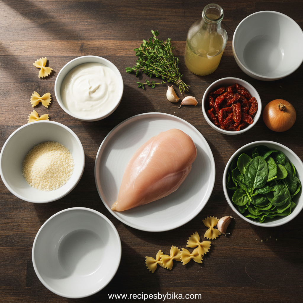 Ingredients for creamy chicken pasta including chicken, pasta, cream, and seasonings