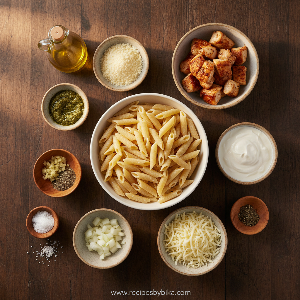 Ingredients for creamy pesto chicken pasta bake
