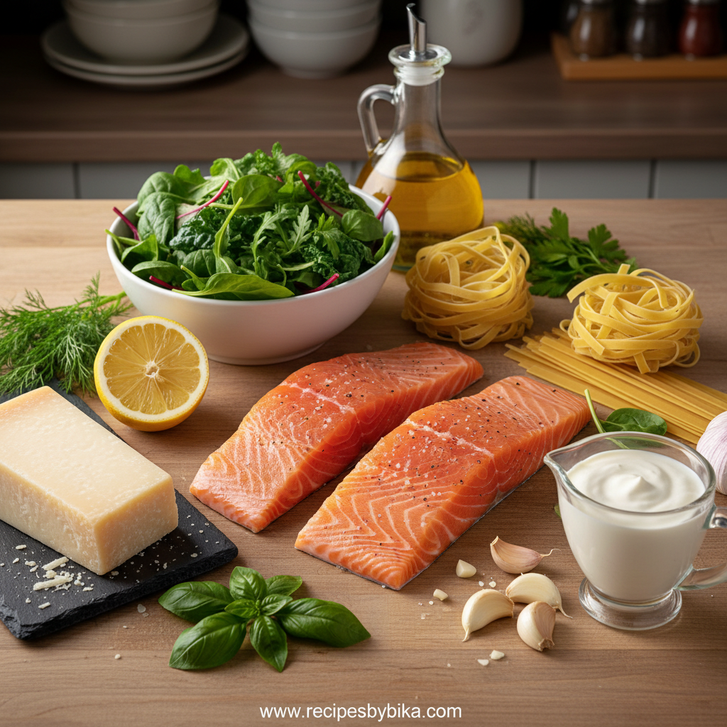 Ingredients for creamy salmon pasta with mixed greens
