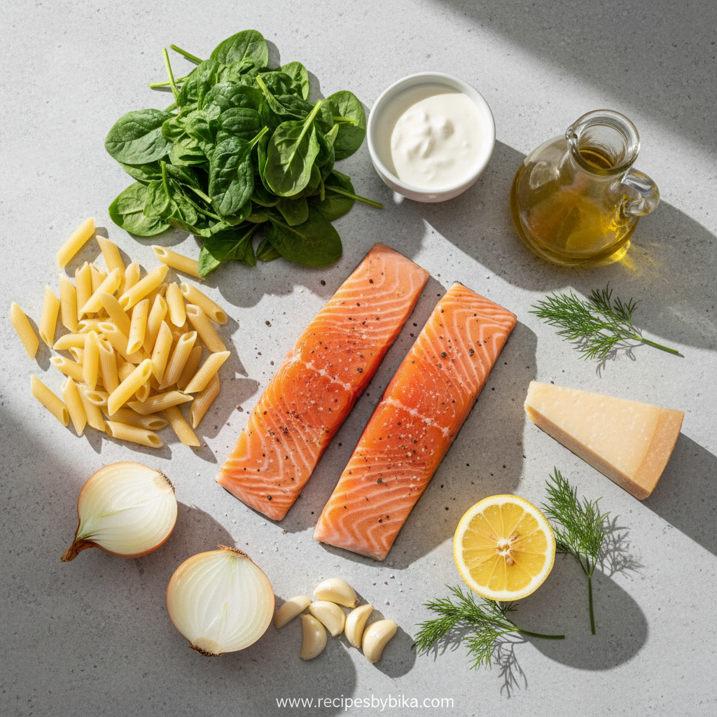 Creamy Salmon Spinach Pasta: Restaurant-Worthy 25-Minute Dinner 2 Ingredients for creamy salmon spinach pasta on counter