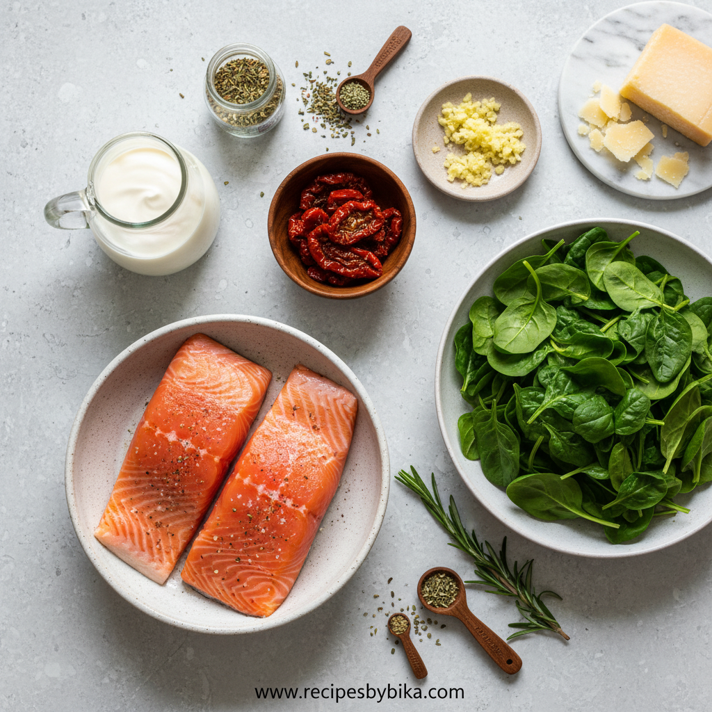 Ingredients for creamy Tuscan salmon recipe