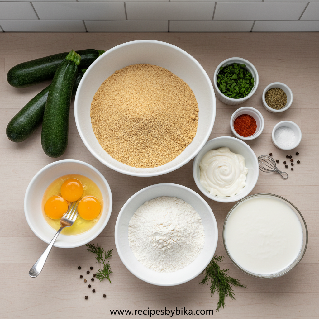 Ingredients for zucchini fries and ranch dip arranged on counter