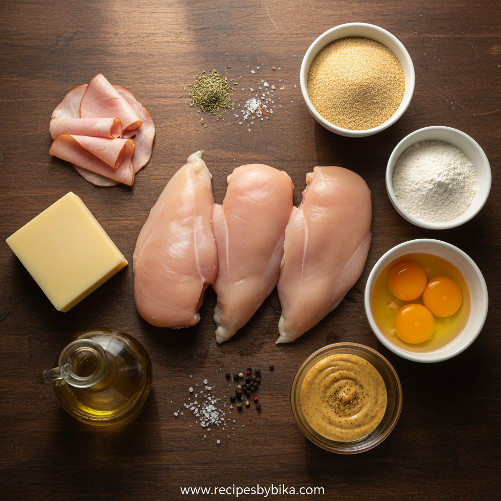 Ingredients for crispy chicken cutlet with turkey and Swiss cheese