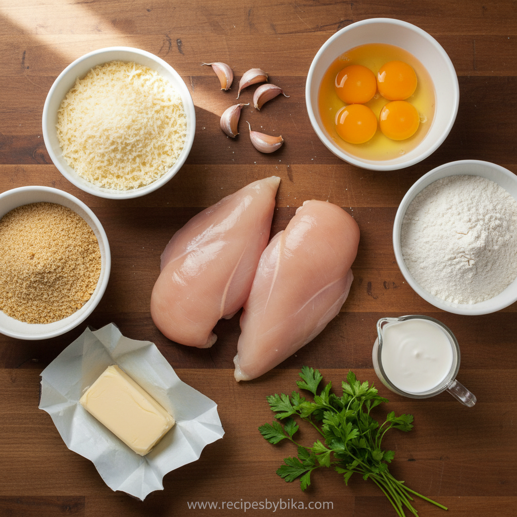 Ingredients for crispy Parmesan chicken and garlic sauce