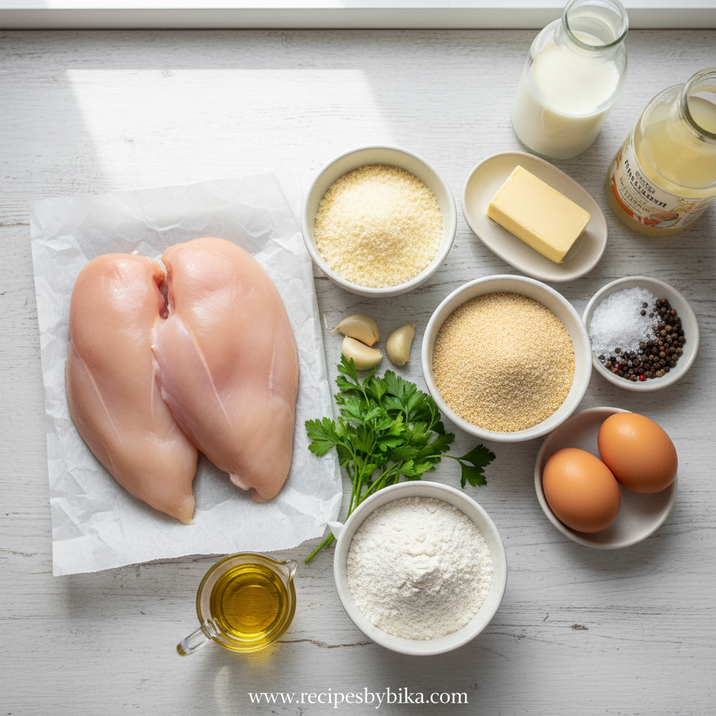 Ingredients for making crispy Parmesan chicken and garlic sauce