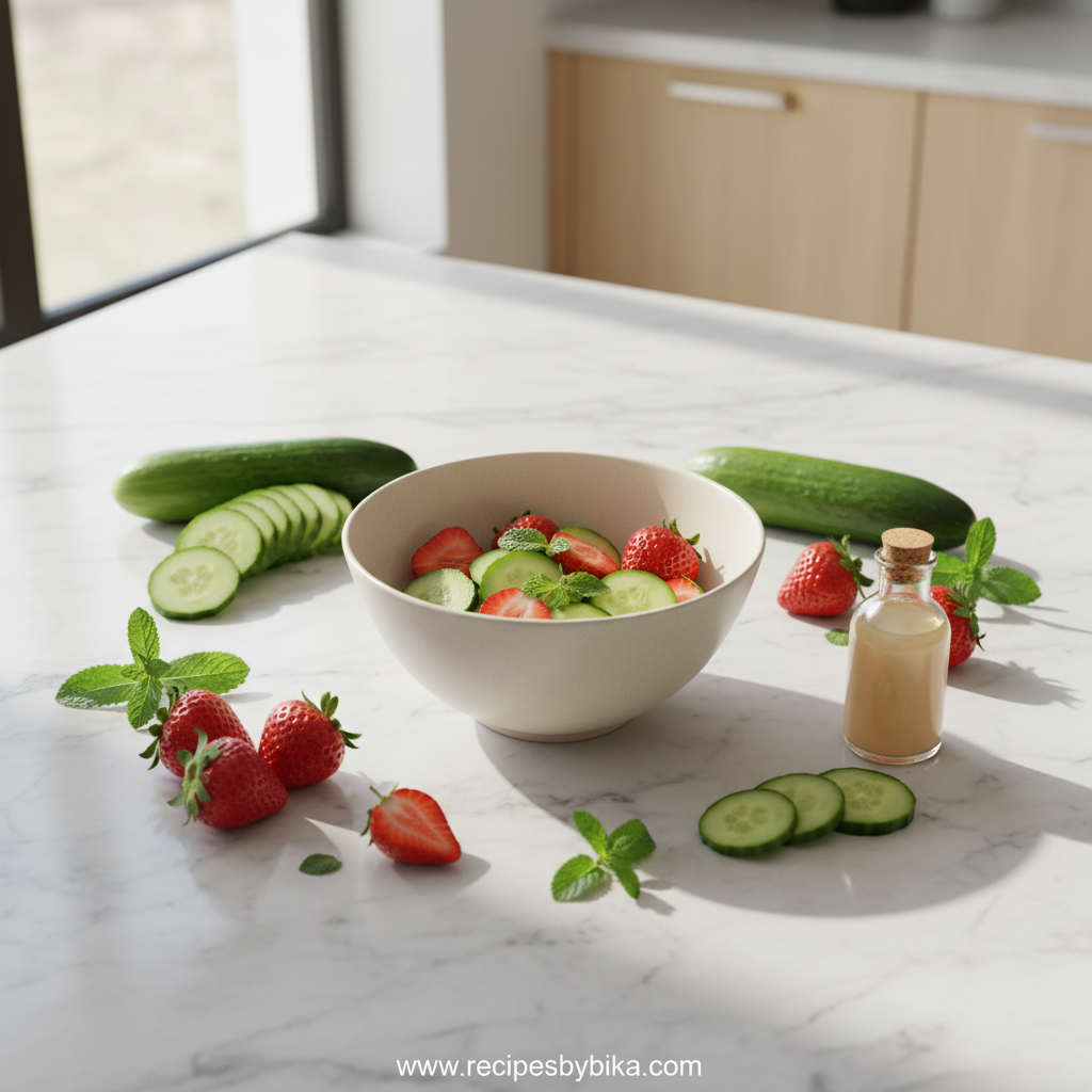 Fresh ingredients for cucumber strawberry salad