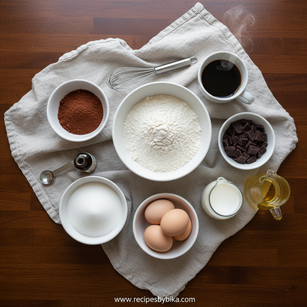 Dark Chocolate Sheet Cake: Rich Cocoa Dessert with Intense Flavor 2 Ingredients for dark chocolate sheet cake on counter