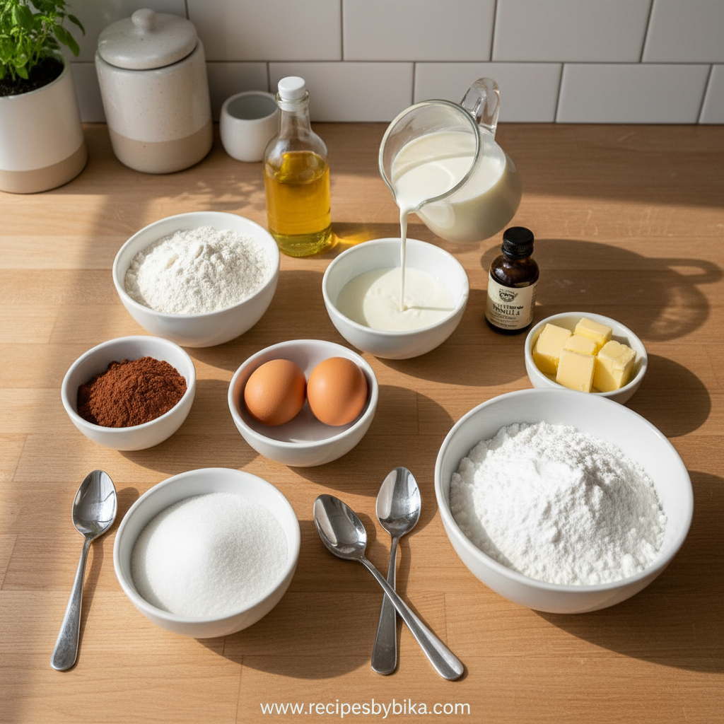 Ingredients for chocolate sheet cake on counter