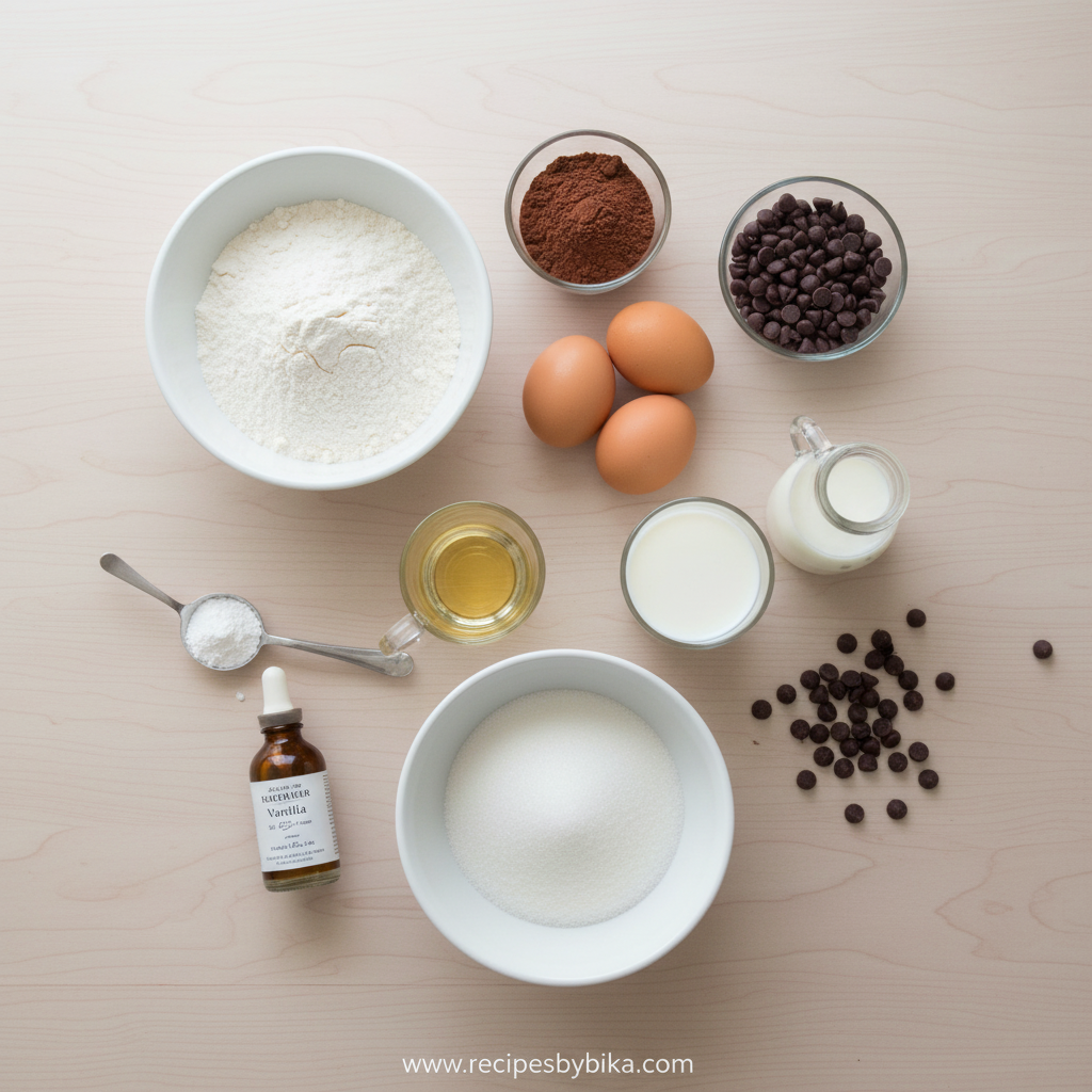 Ingredients for chocolate traybake including flour, cocoa powder, eggs, sugar and butter