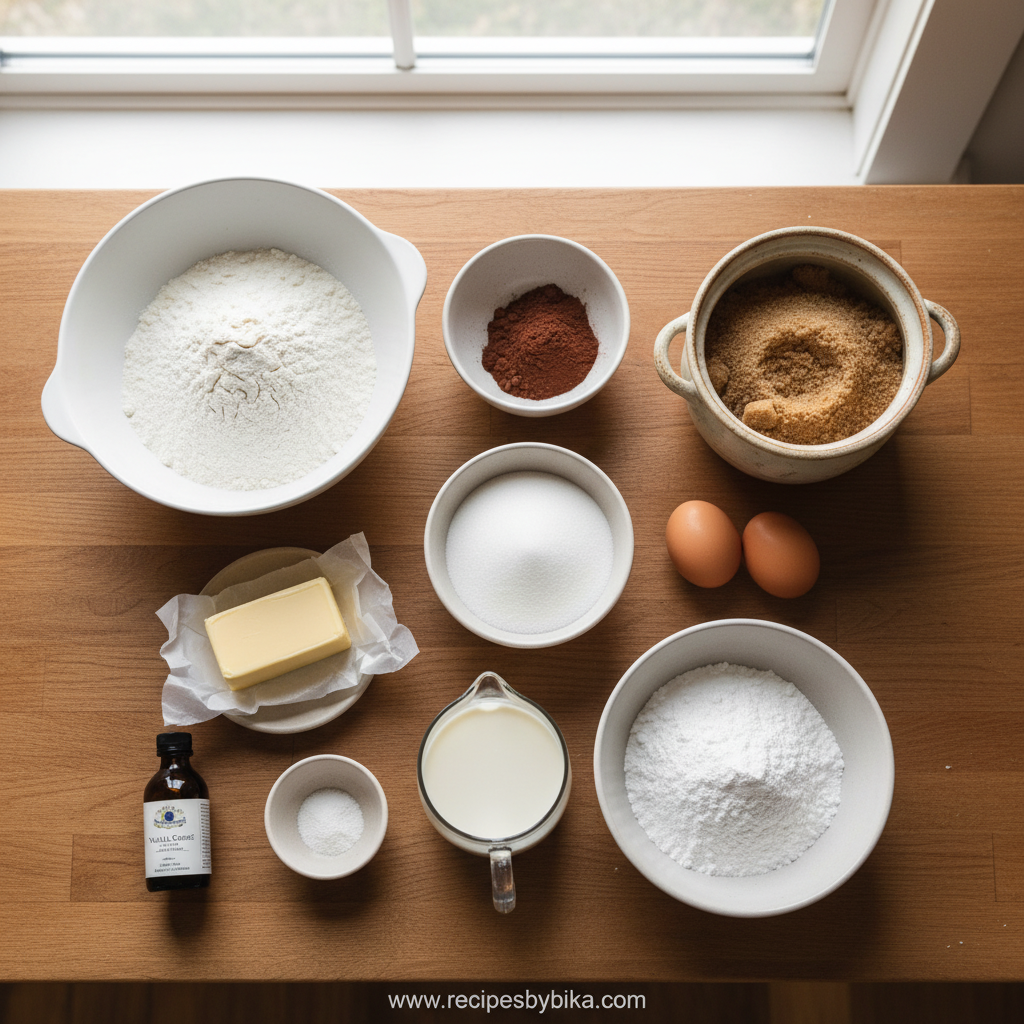 Easy Texas Sheet Cake - Simple Chocolate Dessert with Fudgy Icing 2 Ingredients for Texas sheet cake arranged on counter