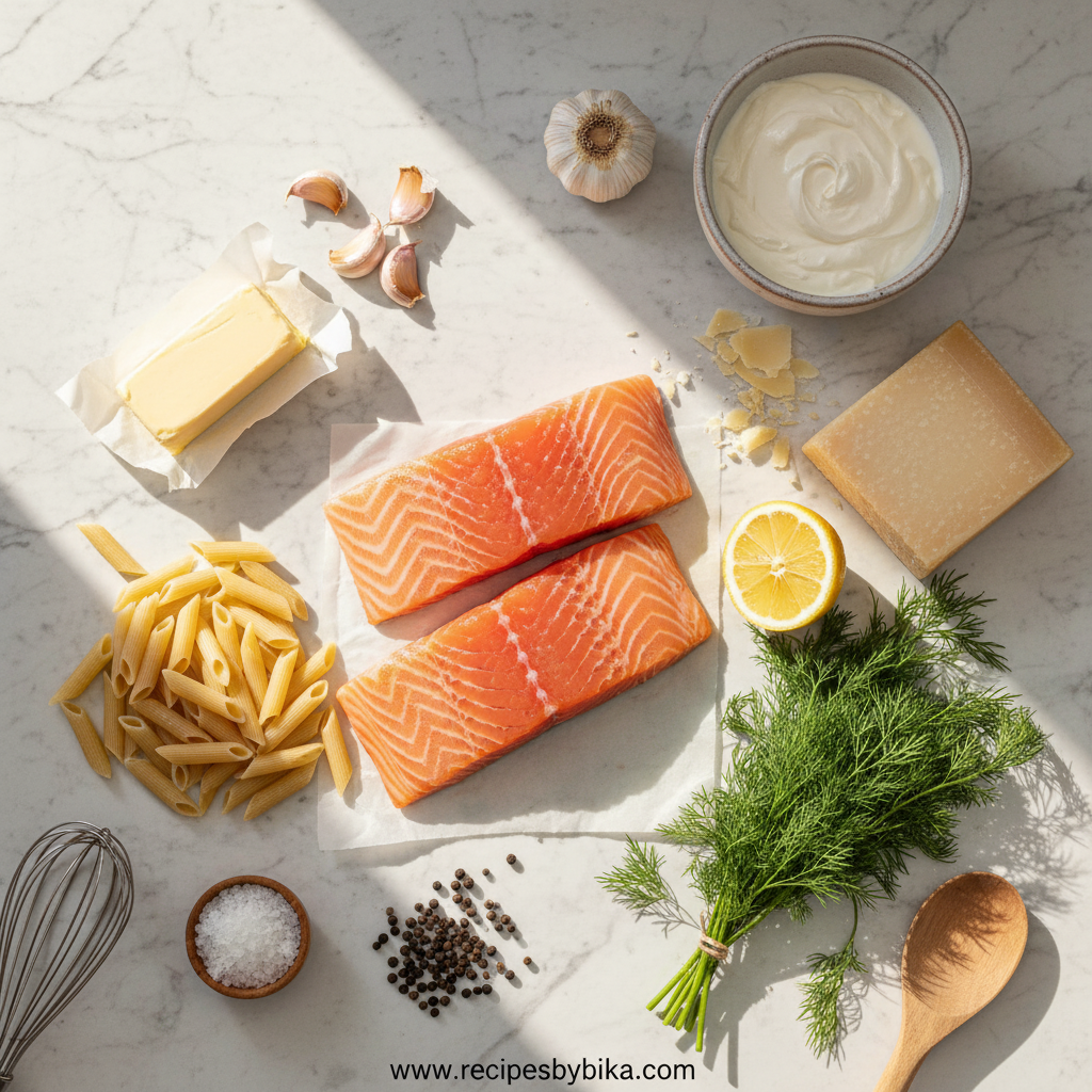 Garlic Butter Salmon Pasta - Easy Weeknight Dinner Recipe 2 Ingredients for garlic butter salmon pasta including salmon, pasta, garlic, butter, and lemon