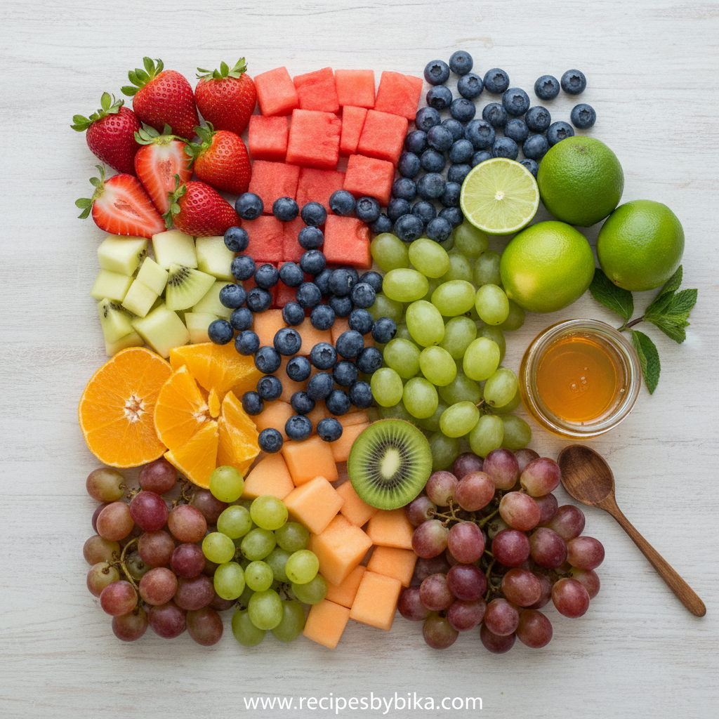 Fresh fruits and ingredients for honey lime salad arranged beautifully