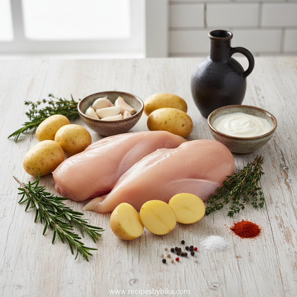 Ingredients for creamy garlic chicken and crispy potatoes