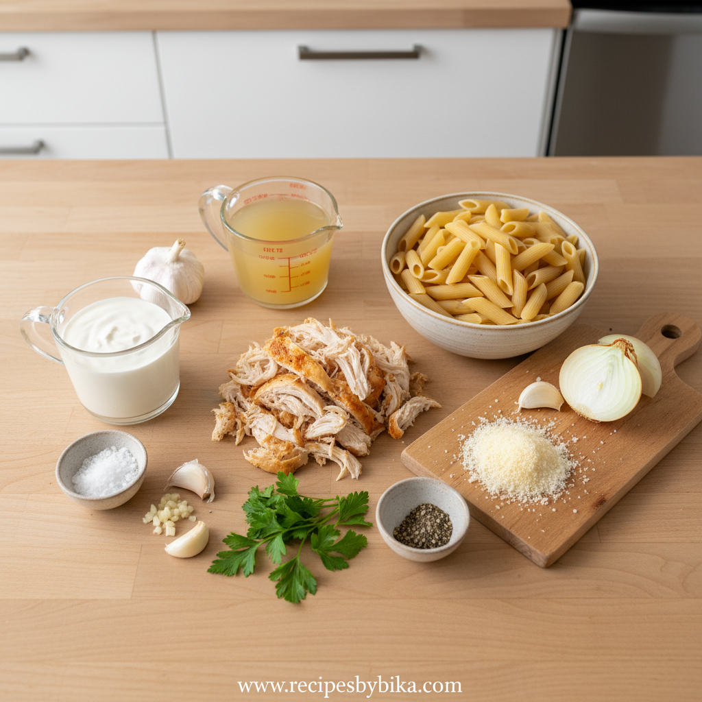 Ingredients for creamy chicken pasta including pasta, chicken, cream, and vegetables
