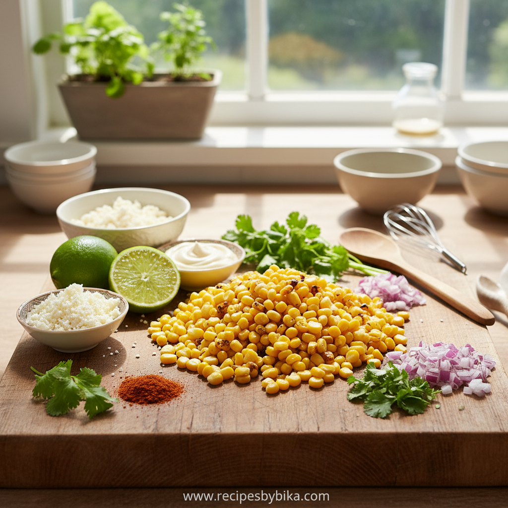 Irresistible Mexican Street Corn Salad Recipe - Creamy Elotes Off The Cob 2 Fresh ingredients for Mexican corn salad including corn, lime, cilantro and cotija cheese