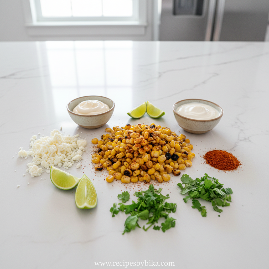 Classic Mexican Street Corn Salad - Creamy Elotes Style Recipe 2 Fresh ingredients for Mexican corn salad including corn, lime, cilantro, and spices