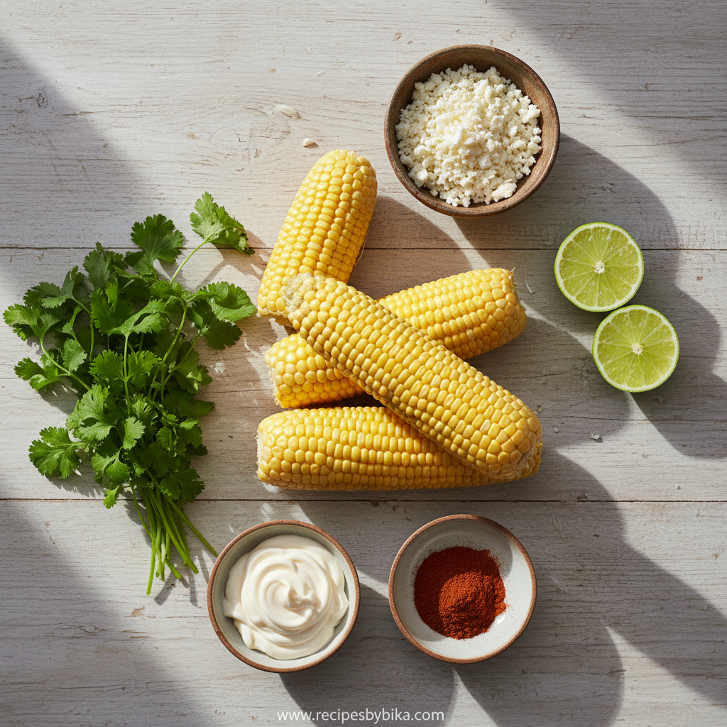 Fresh ingredients for Mexican street corn salad including corn, lime, chili powder, and cotija cheese