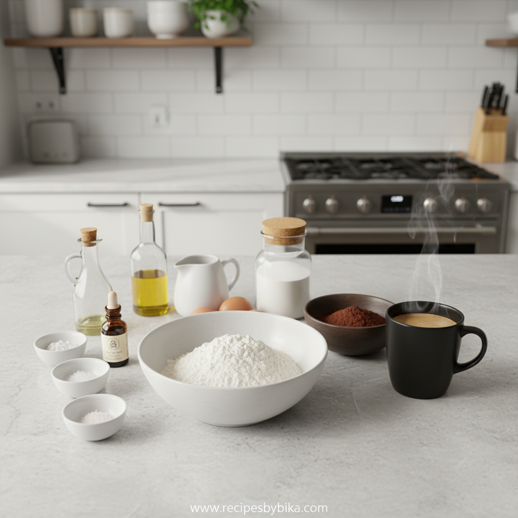 Ingredients for chocolate cake including flour, cocoa powder, sugar, and eggs