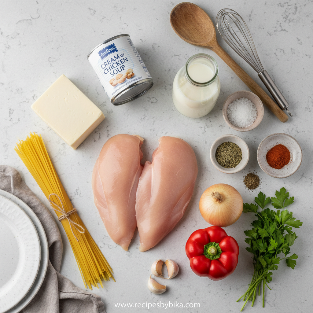 Monterey Chicken Spaghetti: The Ultimate Cheesy Casserole Bake 2 Ingredients for Monterey Chicken Spaghetti including pasta, chicken, cheese, and vegetables