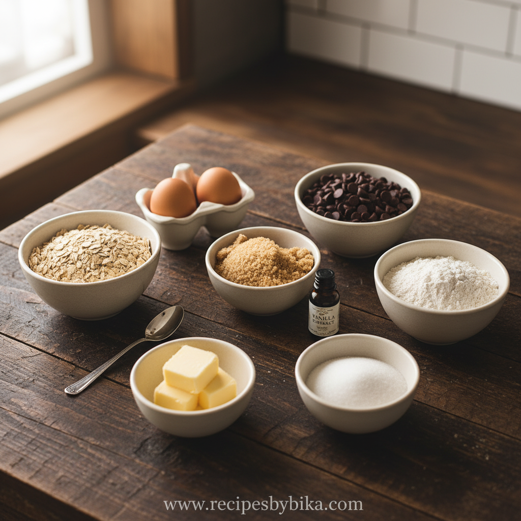 Ingredients for chocolate chip oatmeal cookies