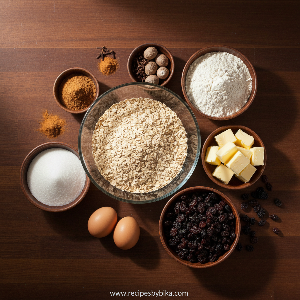 Ingredients for making soft chewy oatmeal cookies