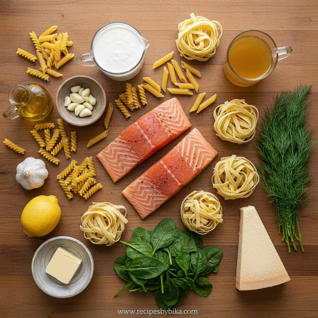 Ingredients for creamy salmon pasta including salmon, pasta, cream, and vegetables