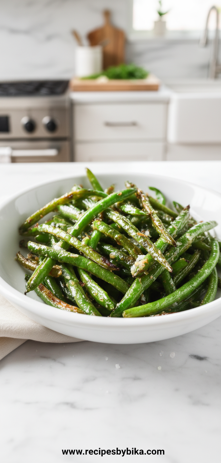 Oven Garlic Parmesan Green Beans - Crispy Cheesy Roasted Vegetable Side Dish 1 Crispy oven-roasted green beans with garlic and Parmesan cheese