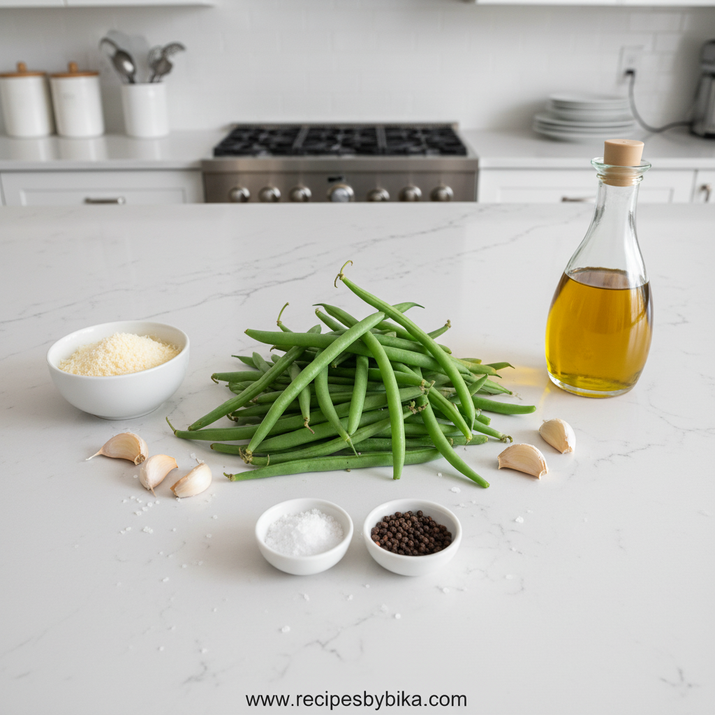 Oven Garlic Parmesan Green Beans - Crispy Cheesy Roasted Vegetable Side Dish 2 Ingredients for garlic Parmesan green beans: fresh green beans, garlic, Parmesan cheese, olive oil