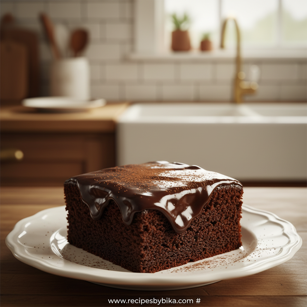 Classic Chocolate Sheet Cake with Fudgy Icing - Easy Crowd-Pleasing Dessert 1 Delicious chocolate sheet cake with fudgy icing on a decorative plate