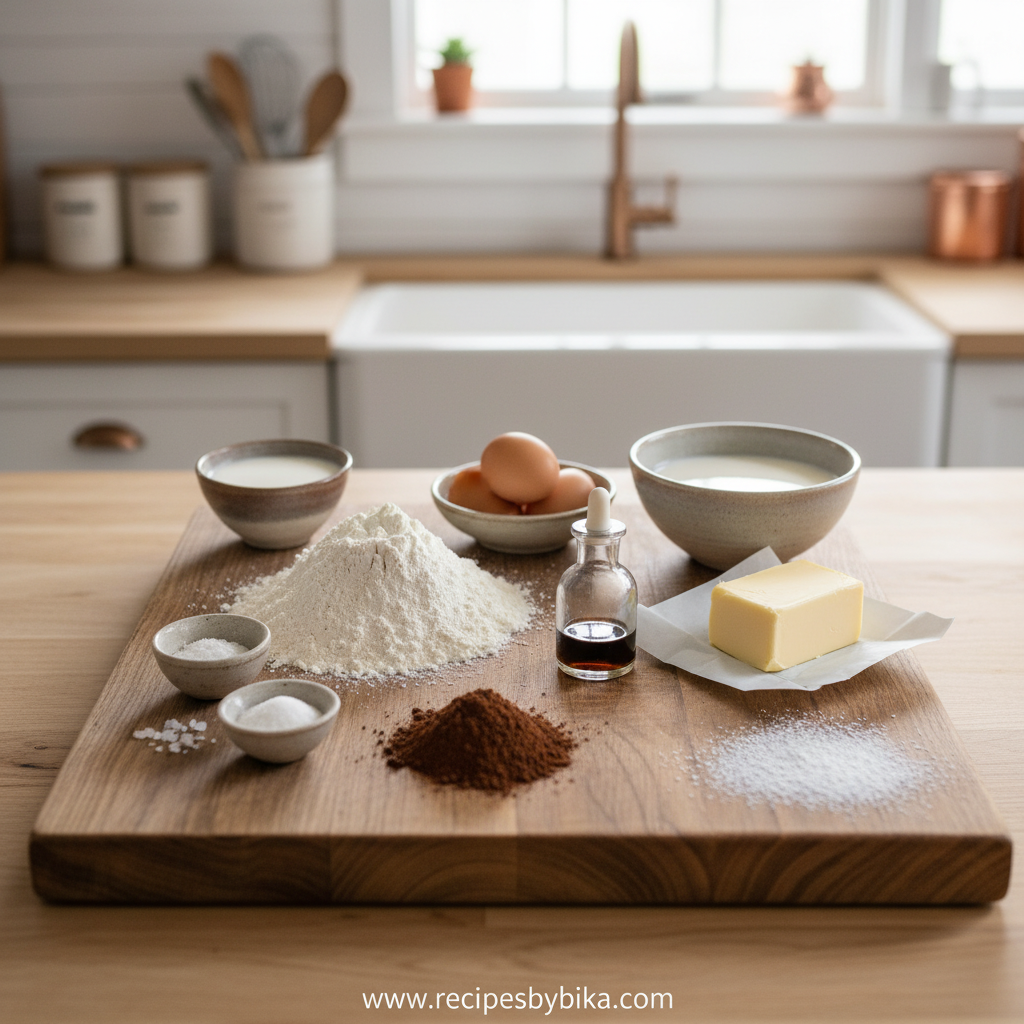 Classic Chocolate Sheet Cake with Fudgy Icing - Easy Crowd-Pleasing Dessert 2 Ingredients for chocolate sheet cake laid out on counter