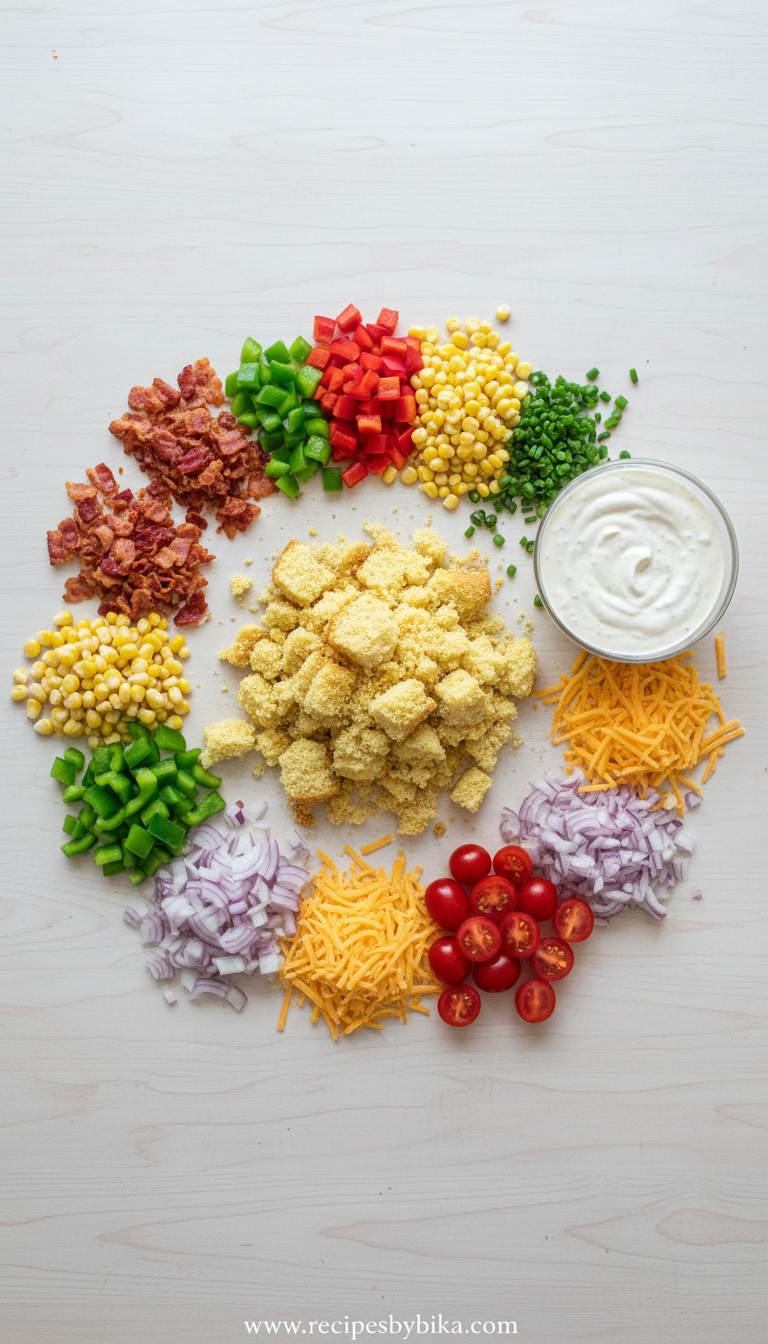 Colorful Potluck Cornbread Salad - Crunchy Crowd-Pleasing Side Dish 2 Ingredients for colorful cornbread salad including cornbread, vegetables, and ranch dressing