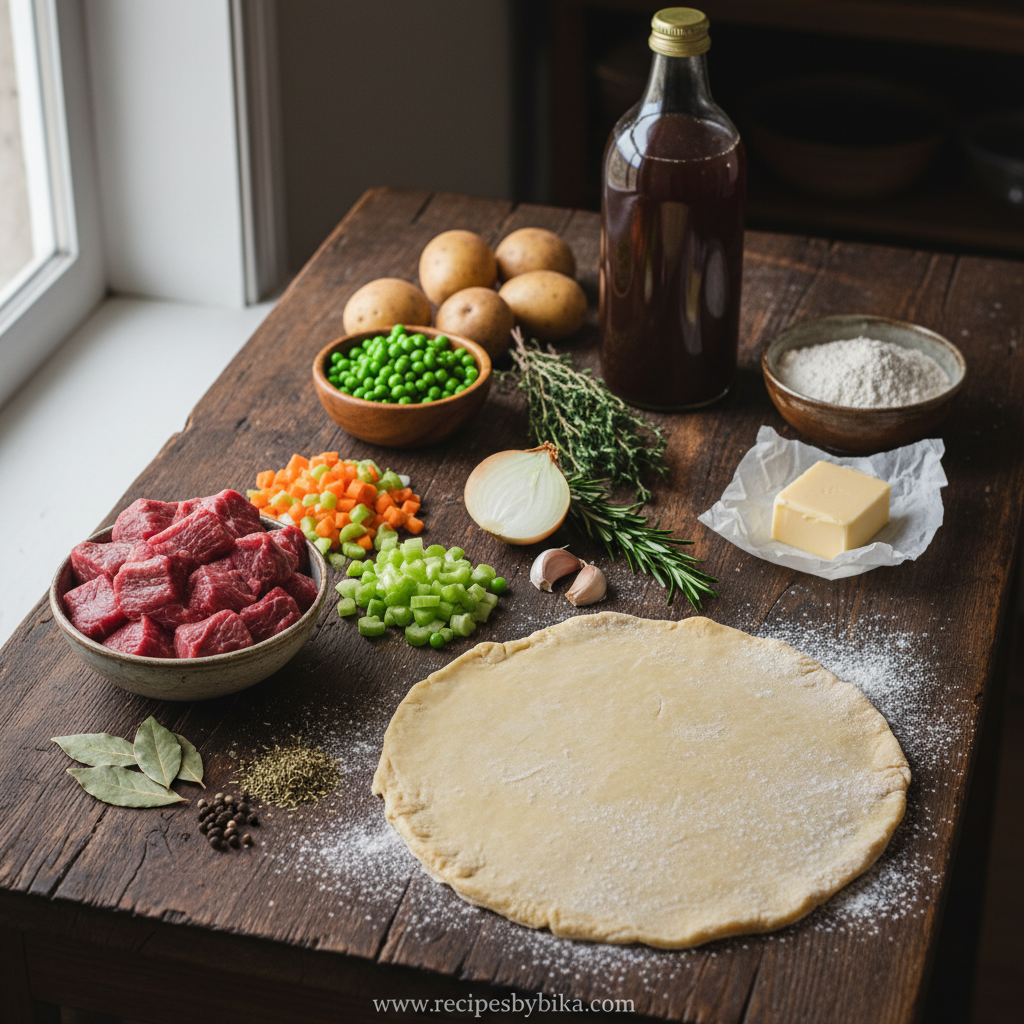 Ingredients for savory beef stew pot pie