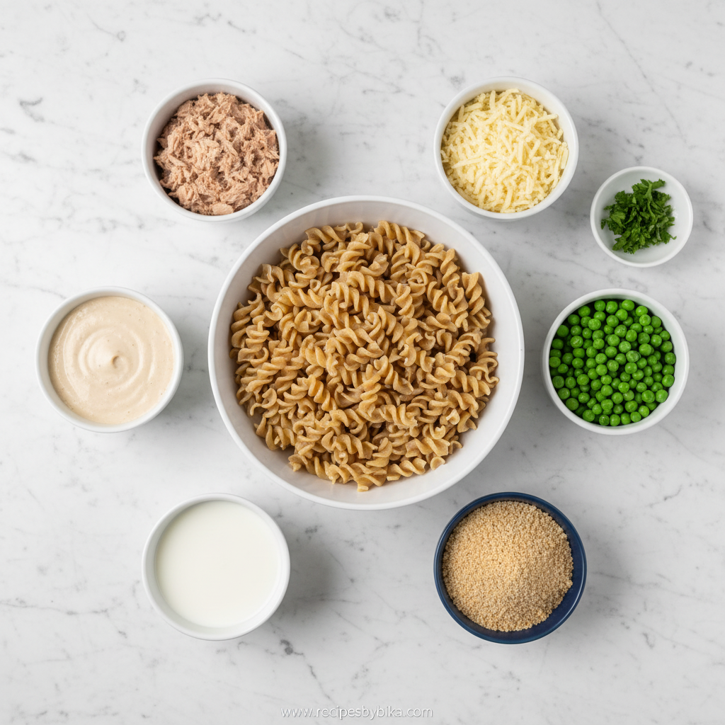 Ingredients for healthy tuna noodle casserole
