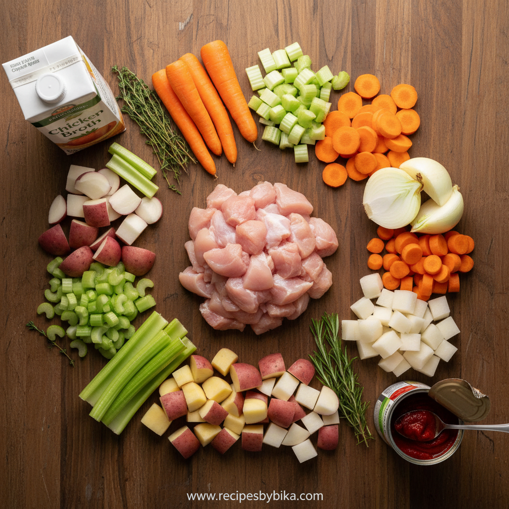 Ingredients for slow cooker chicken stew including chicken, potatoes, carrots, and seasonings