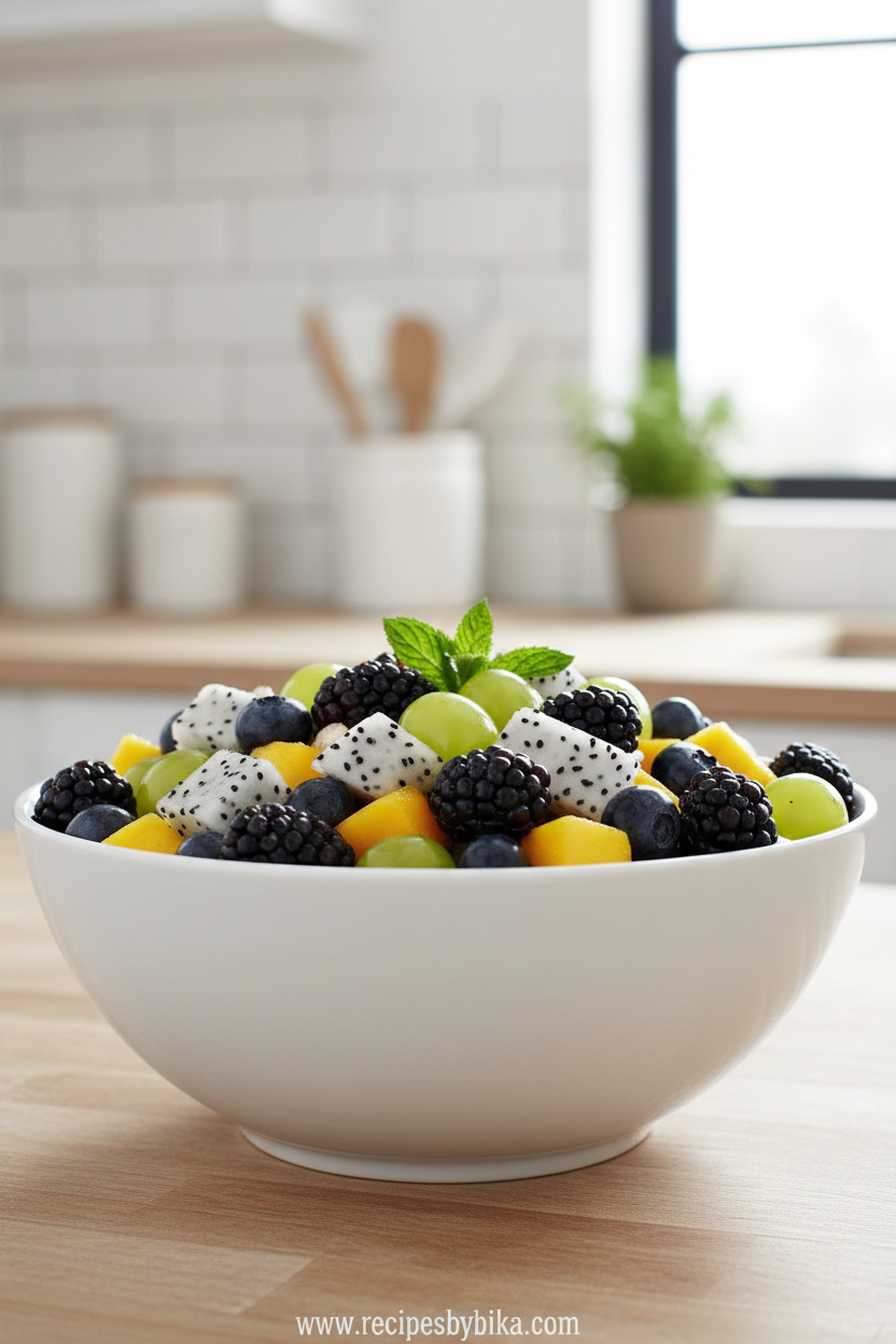 Summer Fruit Salad Valya's Recipe - Best Seasonal Fruit Salad with Maple Syrup Dressing 1 Colorful summer fruit salad with dragon fruit, mango, and berries in a beautiful bowl