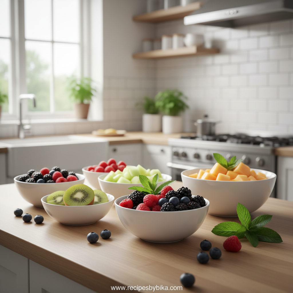 Summer Fruit Salad Valya's Recipe - Best Seasonal Fruit Salad with Maple Syrup Dressing 2 Fresh ingredients for summer fruit salad including dragon fruit, mango, and berries